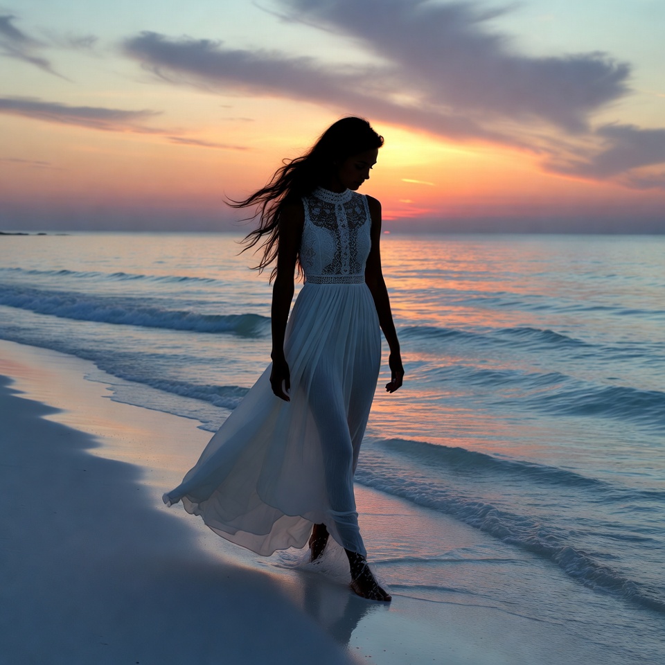 Silhouette woman walking beach sunset Silhouette woman walking beach sunset