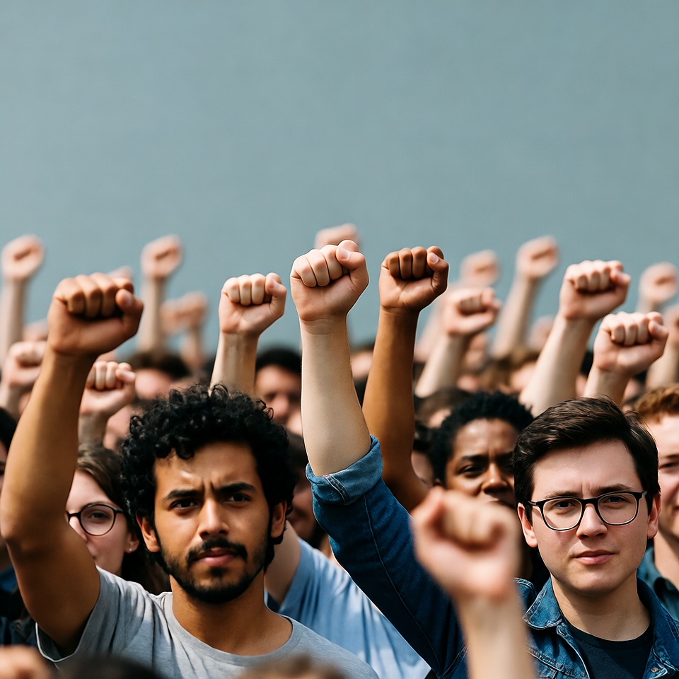 Diverse crowd raising fists Diverse crowd raising fists