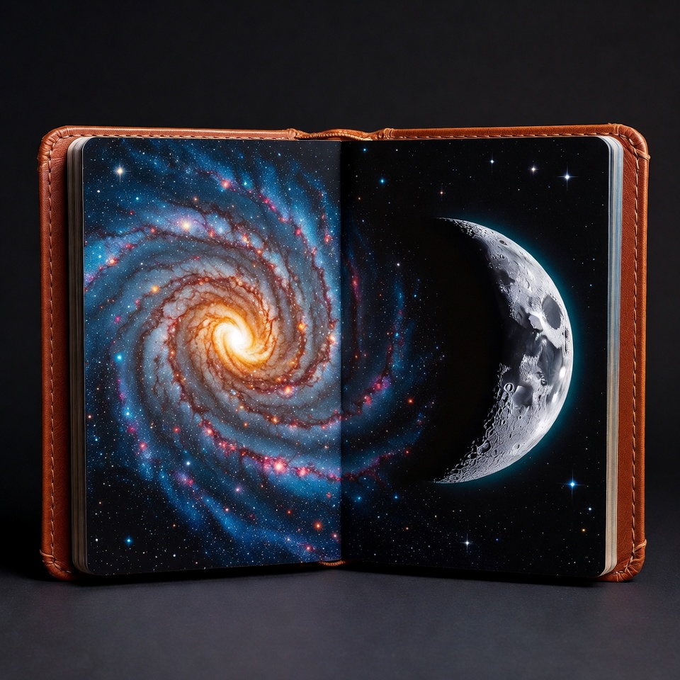 Open leather notebook with galaxy and moon Open leather notebook with galaxy and moon