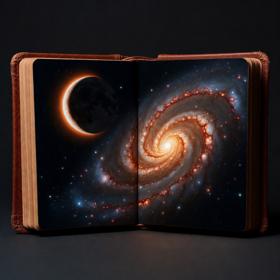Open book with galaxy and crescent moon Open book with galaxy and crescent moon
