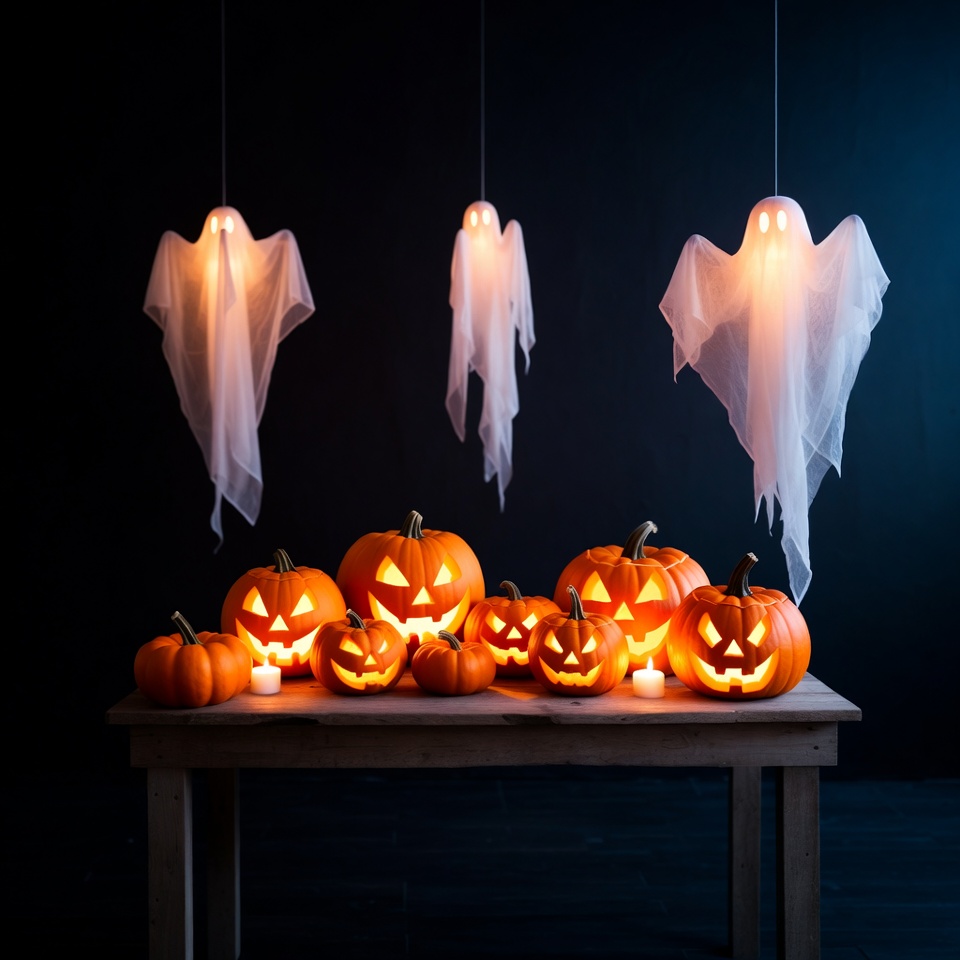 Halloween Pumpkins and Ghosts on Table Halloween Pumpkins and Ghosts on Table