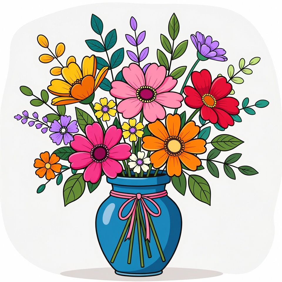 Colorful Flowers in Blue Vase Colorful Flowers in Blue Vase