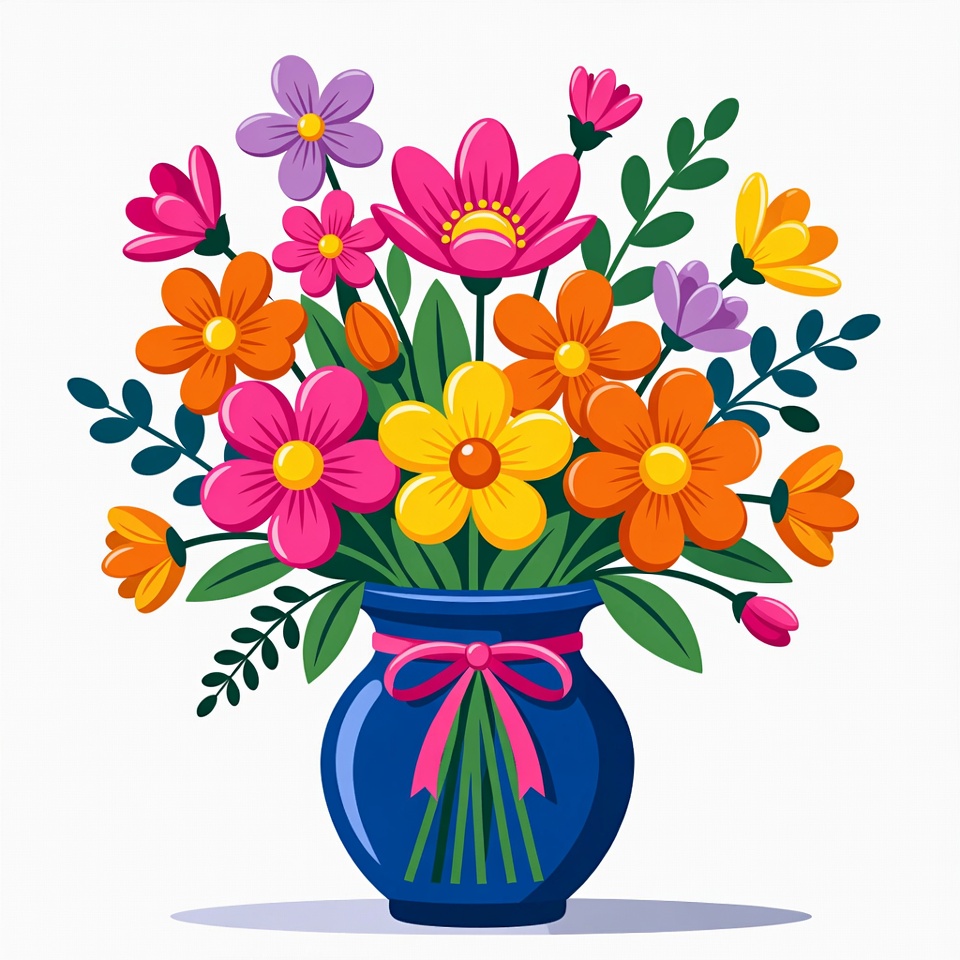 Colorful Flowers in Blue Vase Colorful Flowers in Blue Vase