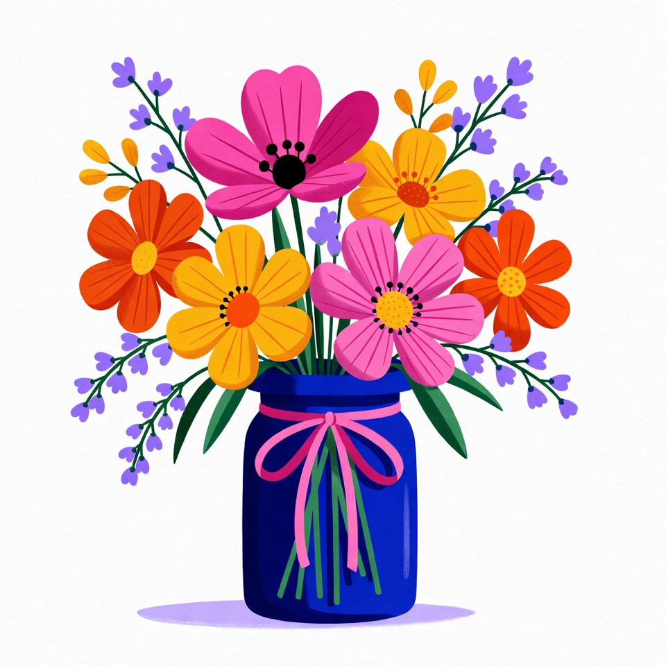 Colorful Flowers in Blue Jar Colorful Flowers in Blue Jar