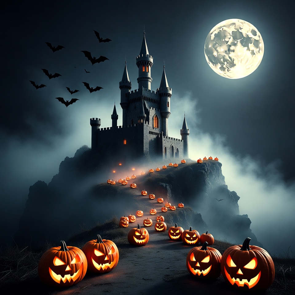 Spooky Haunted Castle with Jack-o-Lantern Path Spooky Haunted Castle with Jack-o-Lantern Path