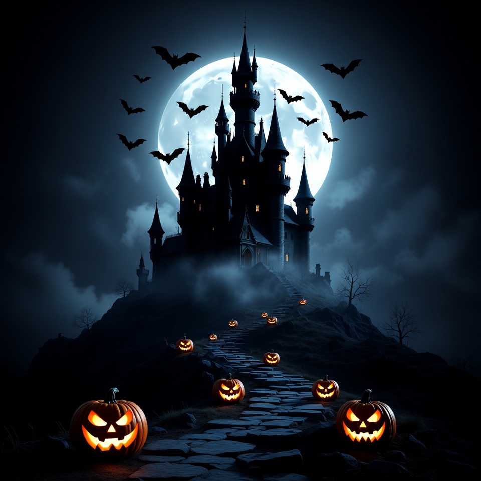 Haunted Castle with Pumpkins and Bats Haunted Castle with Pumpkins and Bats