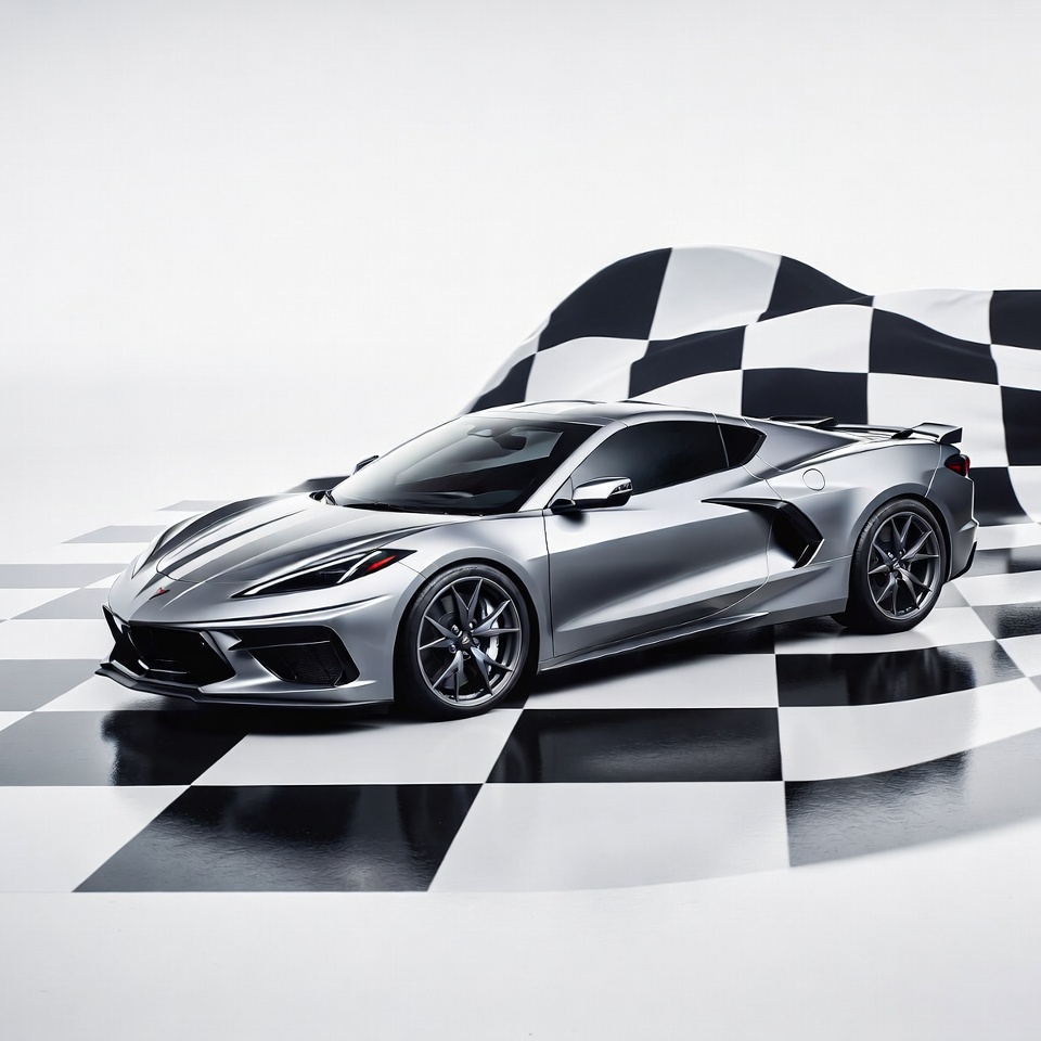 Silver Chevrolet Corvette C8 with Checkered Flag Silver Chevrolet Corvette C8 with Checkered Flag