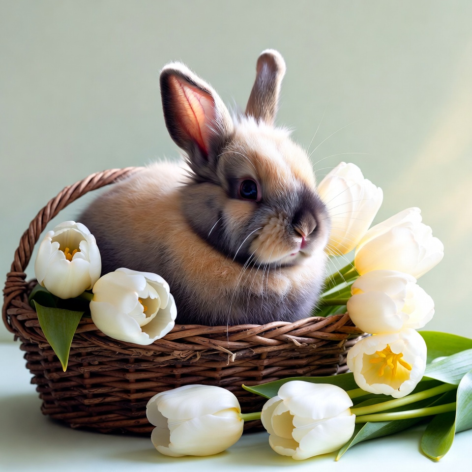 Rabbit in basket with white tulips Rabbit in basket with white tulips