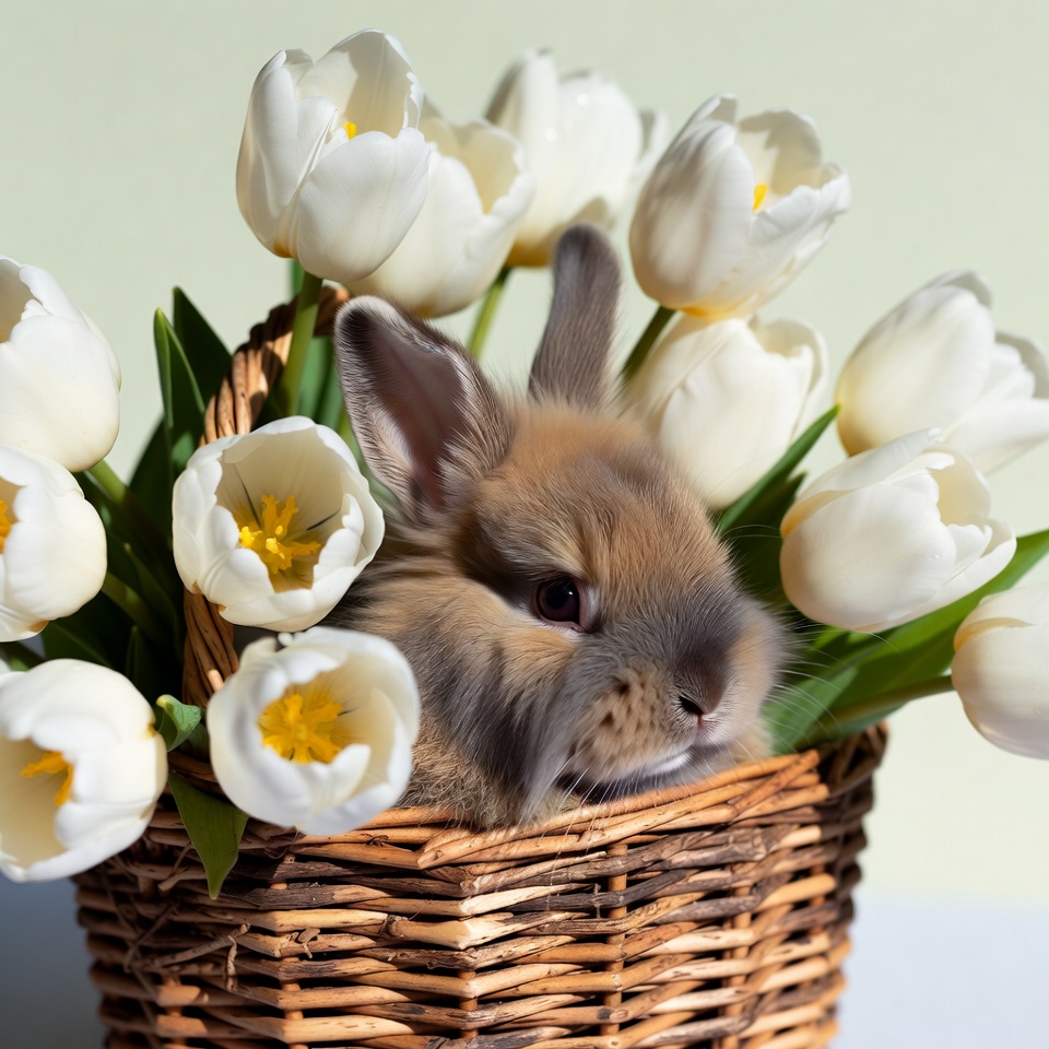 Rabbit in basket with white tulips Rabbit in basket with white tulips