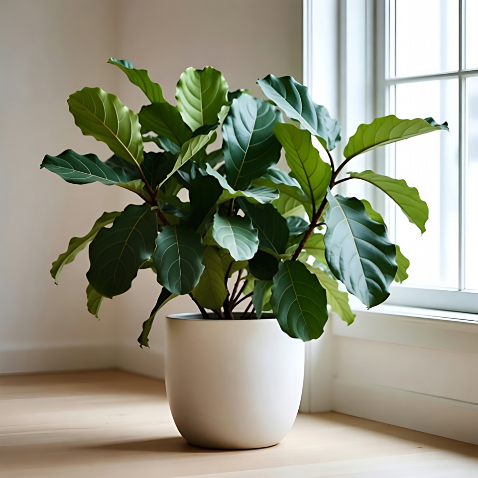 Ficus plant in white pot by window Ficus plant in white pot by window