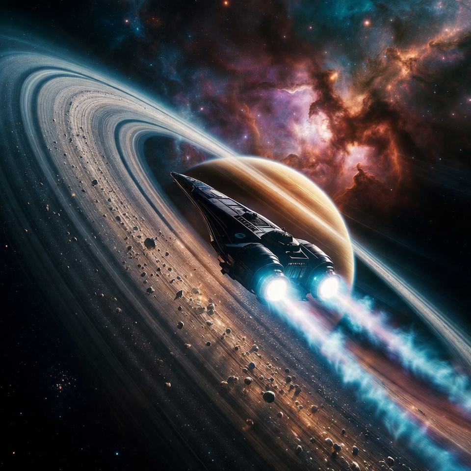 Spaceship Flying Past Ringed Planet Spaceship Flying Past Ringed Planet