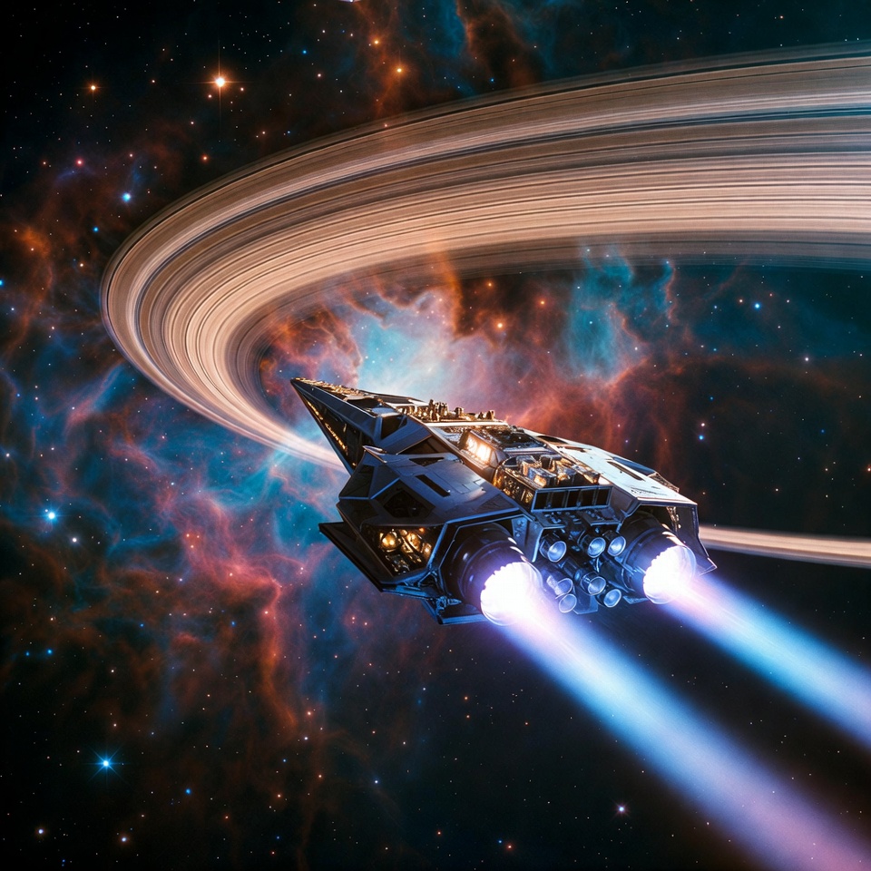 Spaceship Flying Past Ringed Planet Spaceship Flying Past Ringed Planet