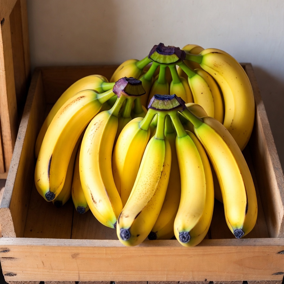 Bunch of ripe bananas in wooden crate Bunch of ripe bananas in wooden crate