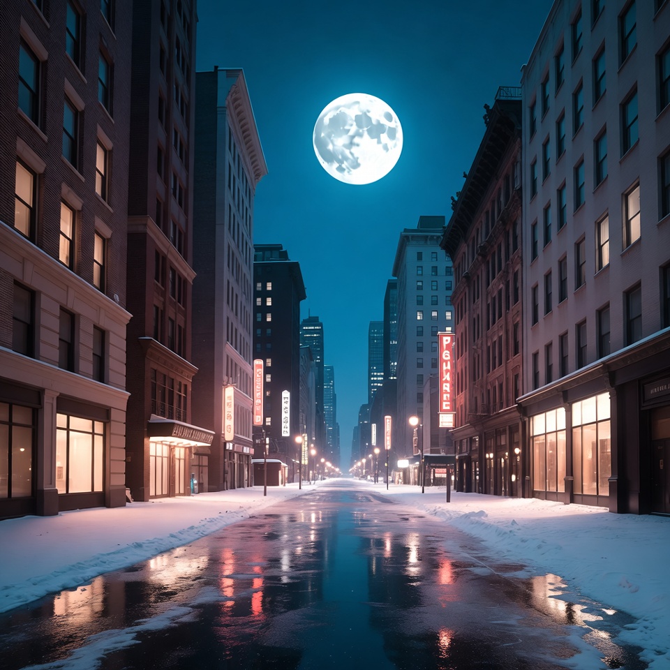 Snowy Urban Street Under Full Moon Snowy Urban Street Under Full Moon