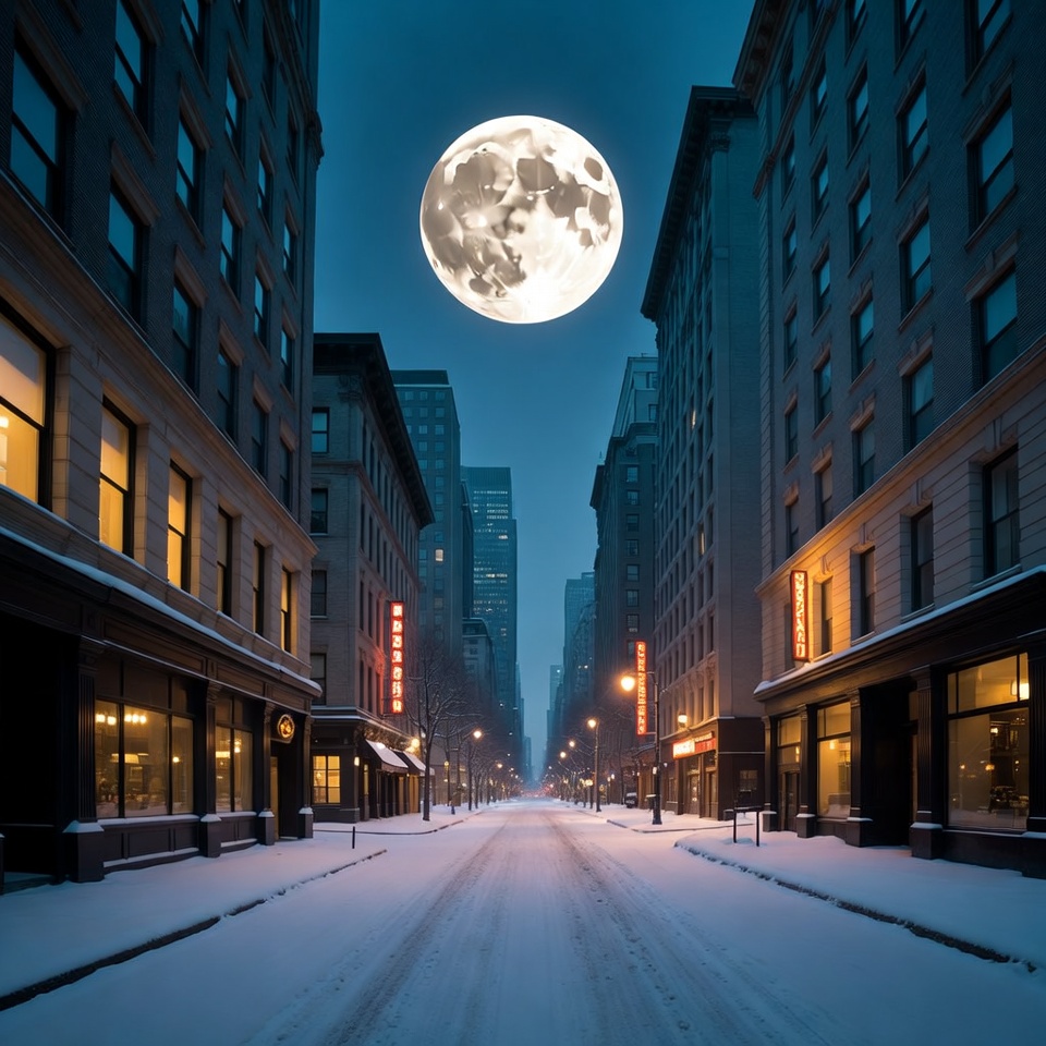 Full Moon Over Snowy City Street Full Moon Over Snowy City Street