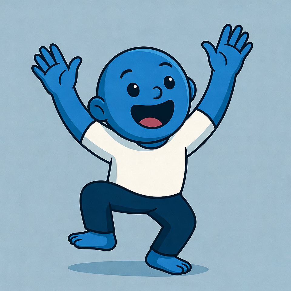 Blue cartoon boy dancing happily Blue cartoon boy dancing happily