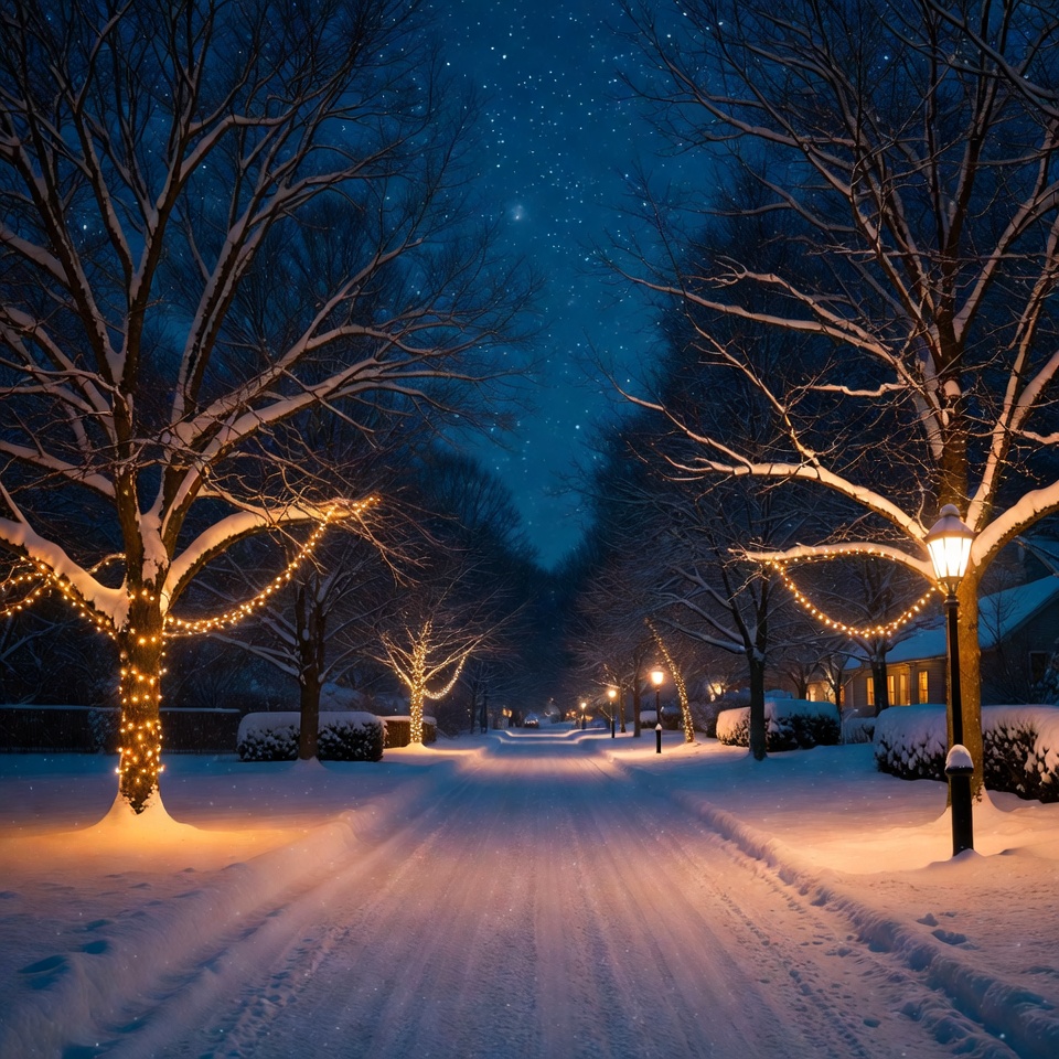 Snowy Christmas Tree-Lined Path at Night Snowy Christmas Tree-Lined Path at Night