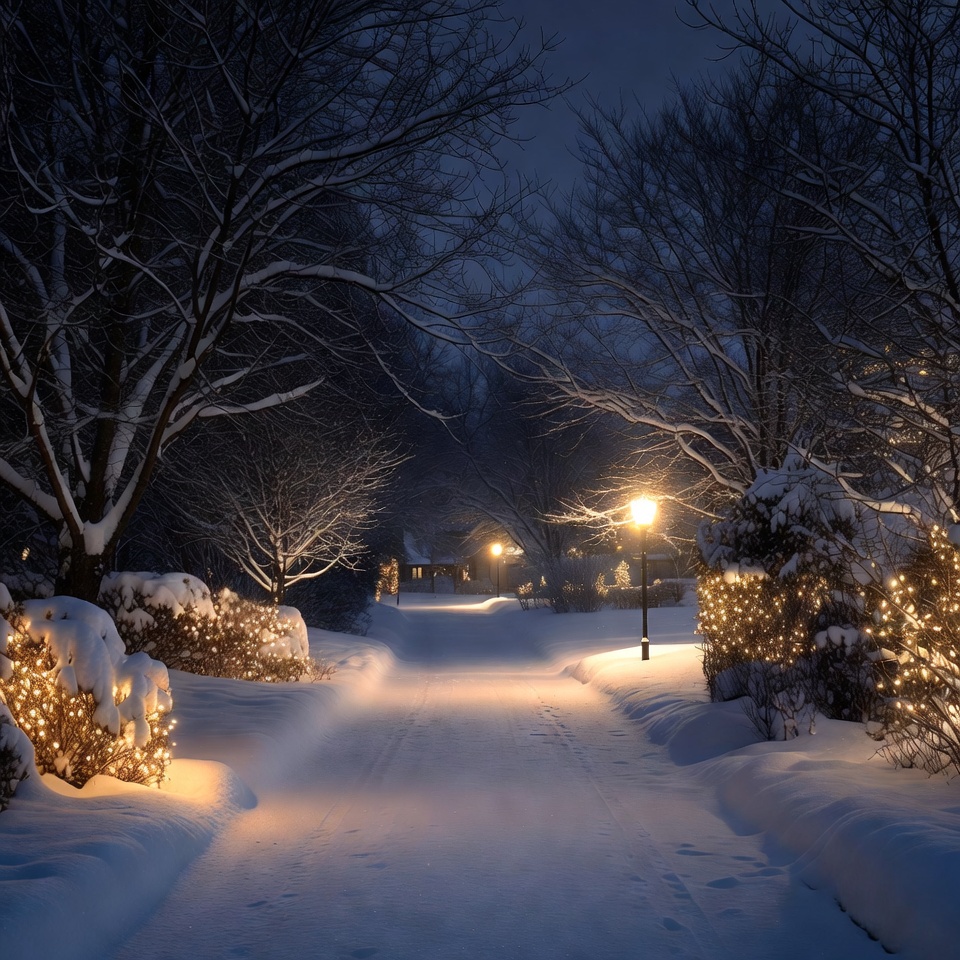Snowy Pathway with Lit Trees at Night Snowy Pathway with Lit Trees at Night