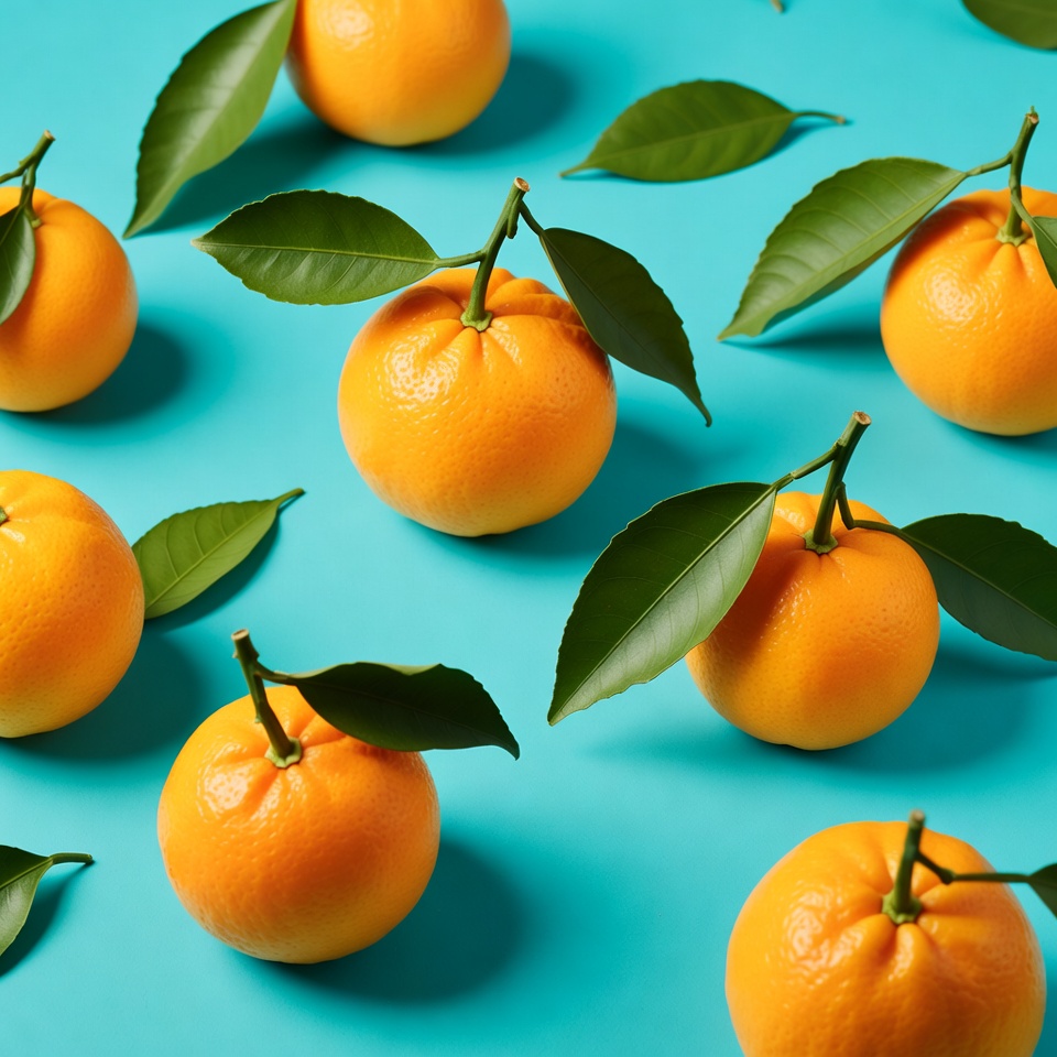 Oranges with Leaves on Blue Background Oranges with Leaves on Blue Background