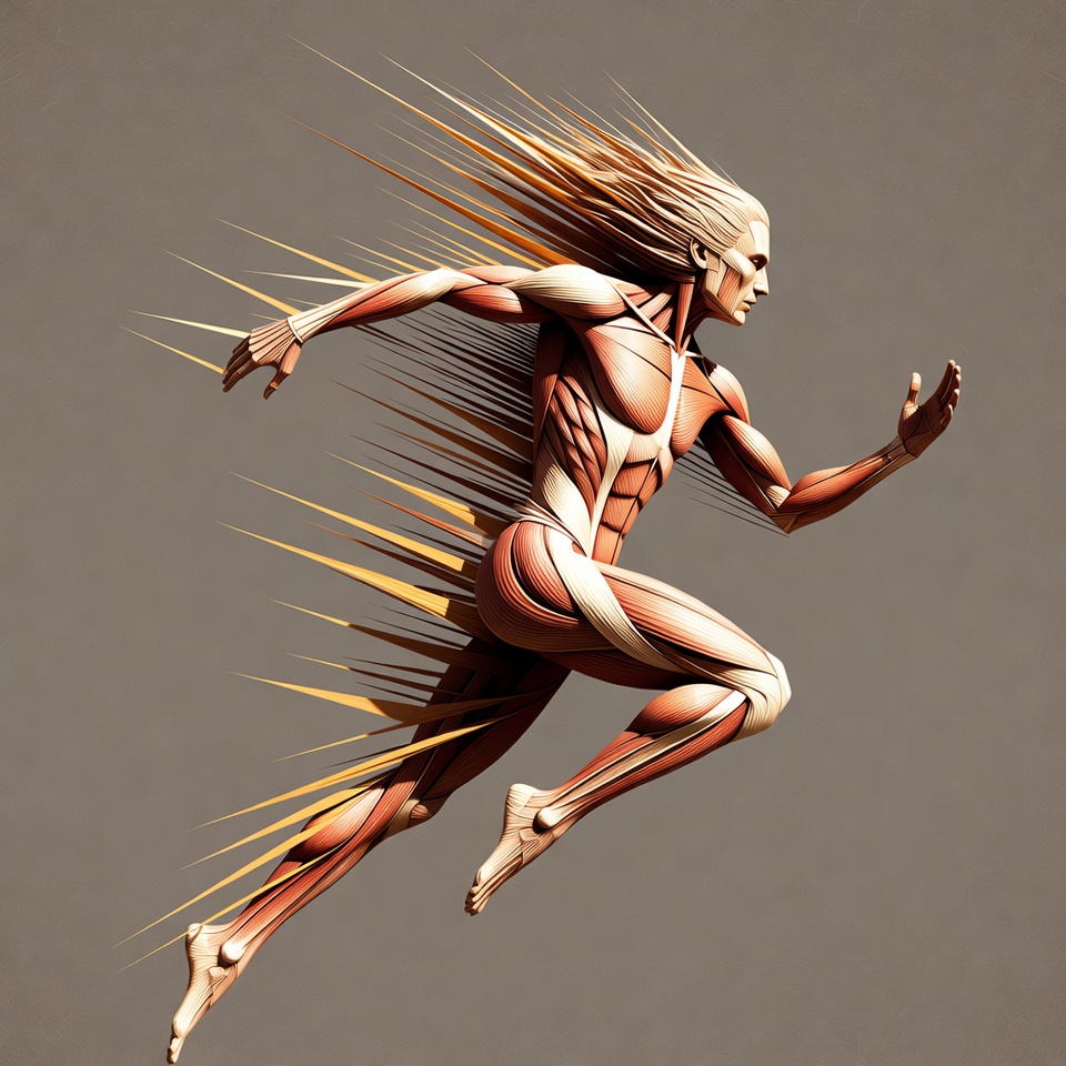 Muscular man running with flowing hair Muscular man running with flowing hair