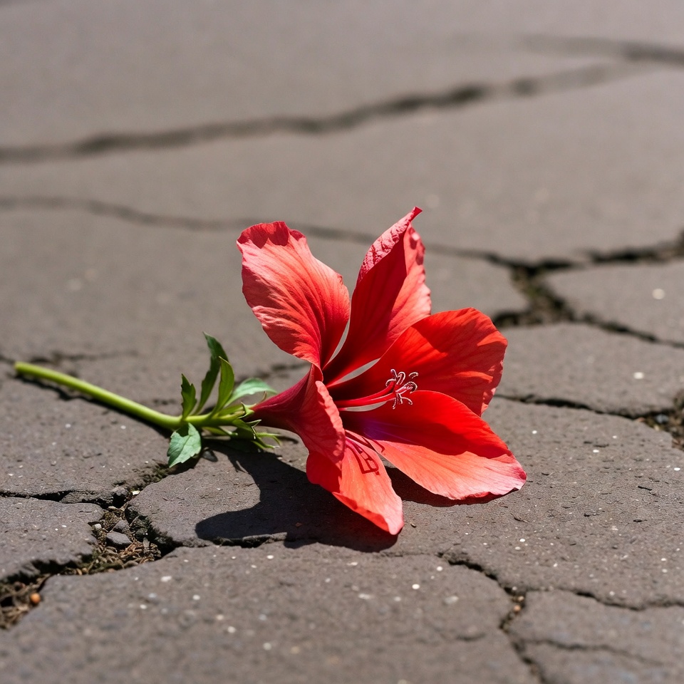 Red Hibiscus Flower on Cracked Pavement Red Hibiscus Flower on Cracked Pavement