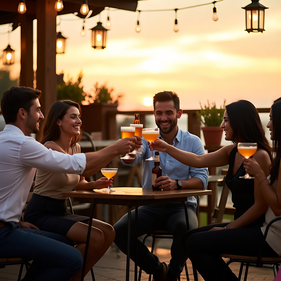 Group toasting drinks at sunset patio Group toasting drinks at sunset patio