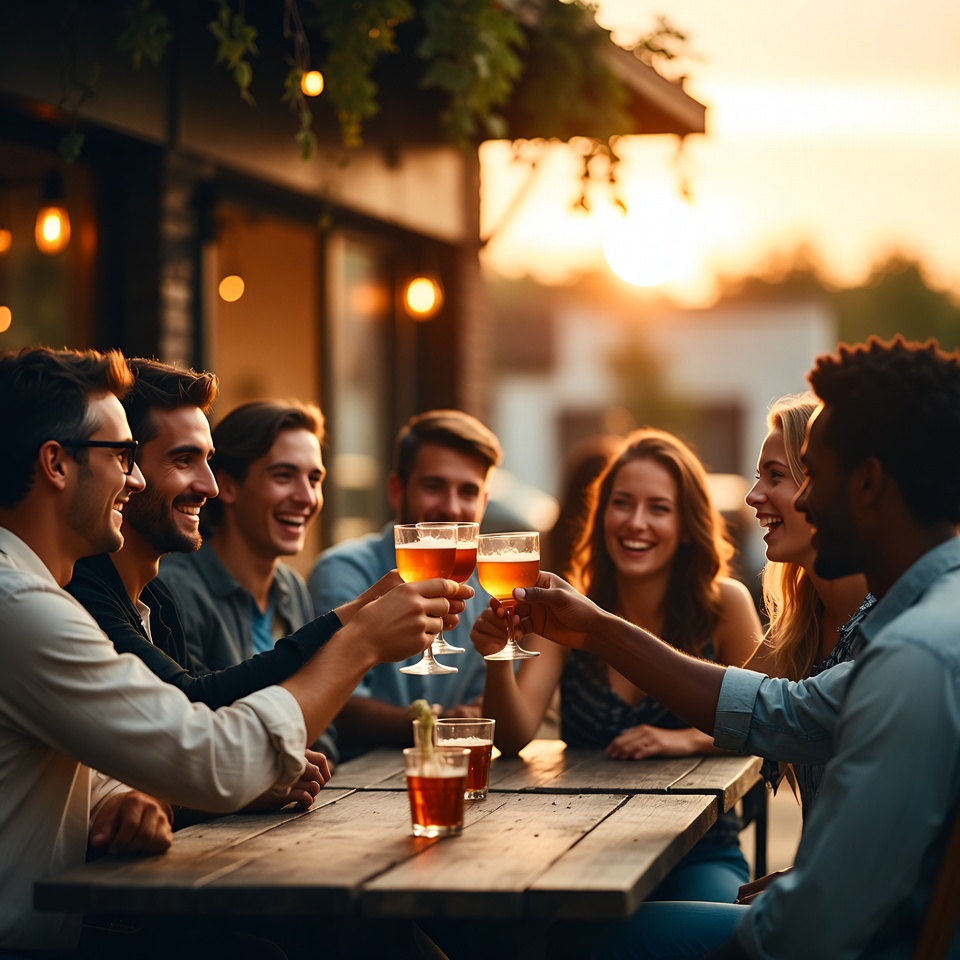 Group toasting beers at sunset patio Group toasting beers at sunset patio