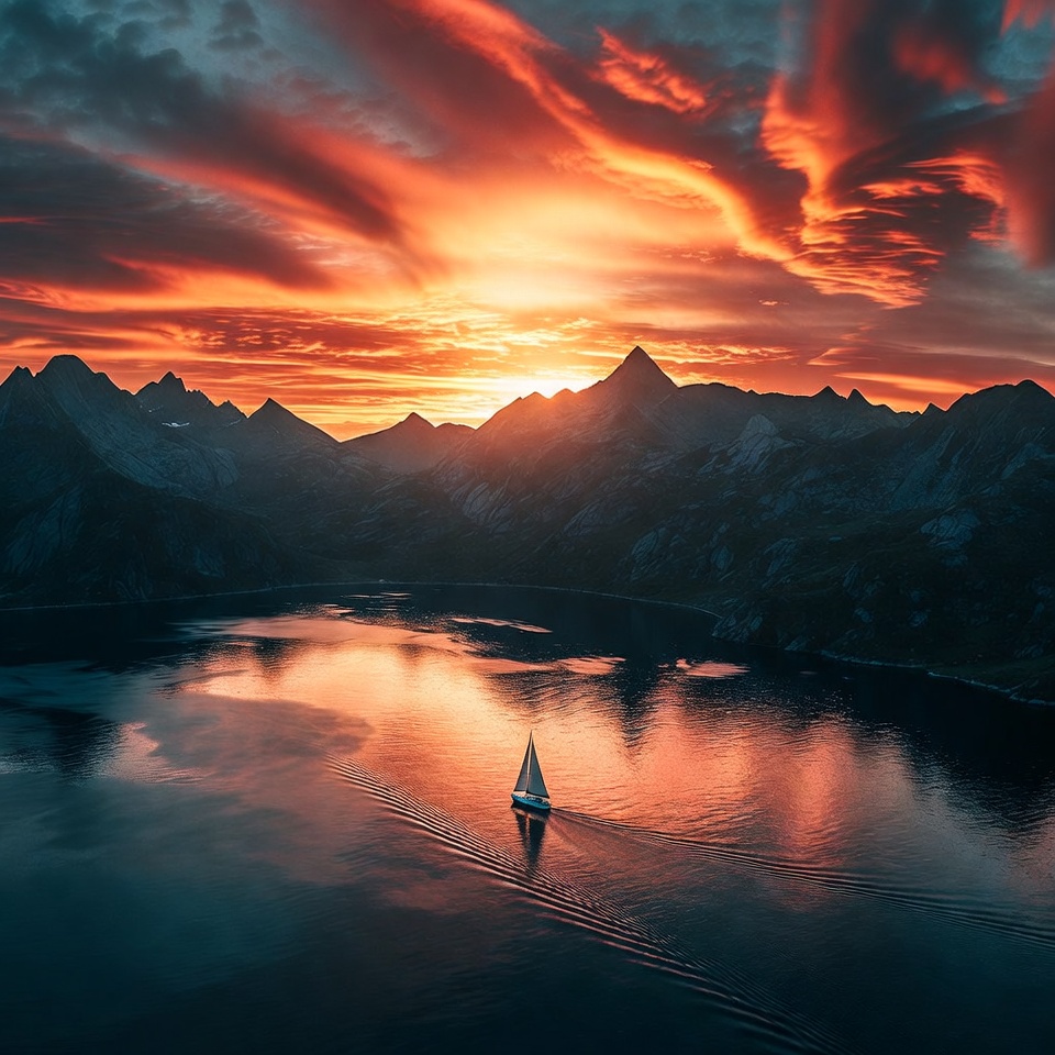 Sailboat in Sunset Lake Mountains Sailboat in Sunset Lake Mountains