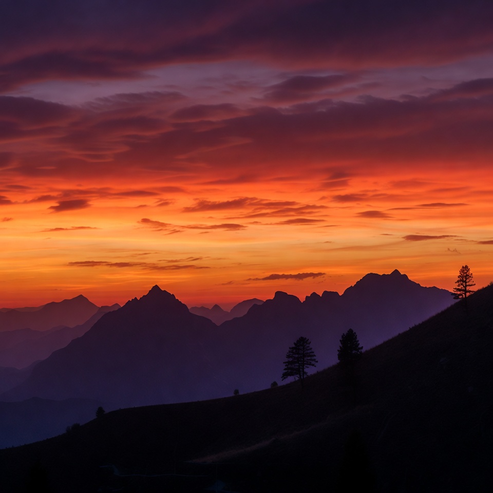 Sunset over silhouetted mountains and trees Sunset over silhouetted mountains and trees