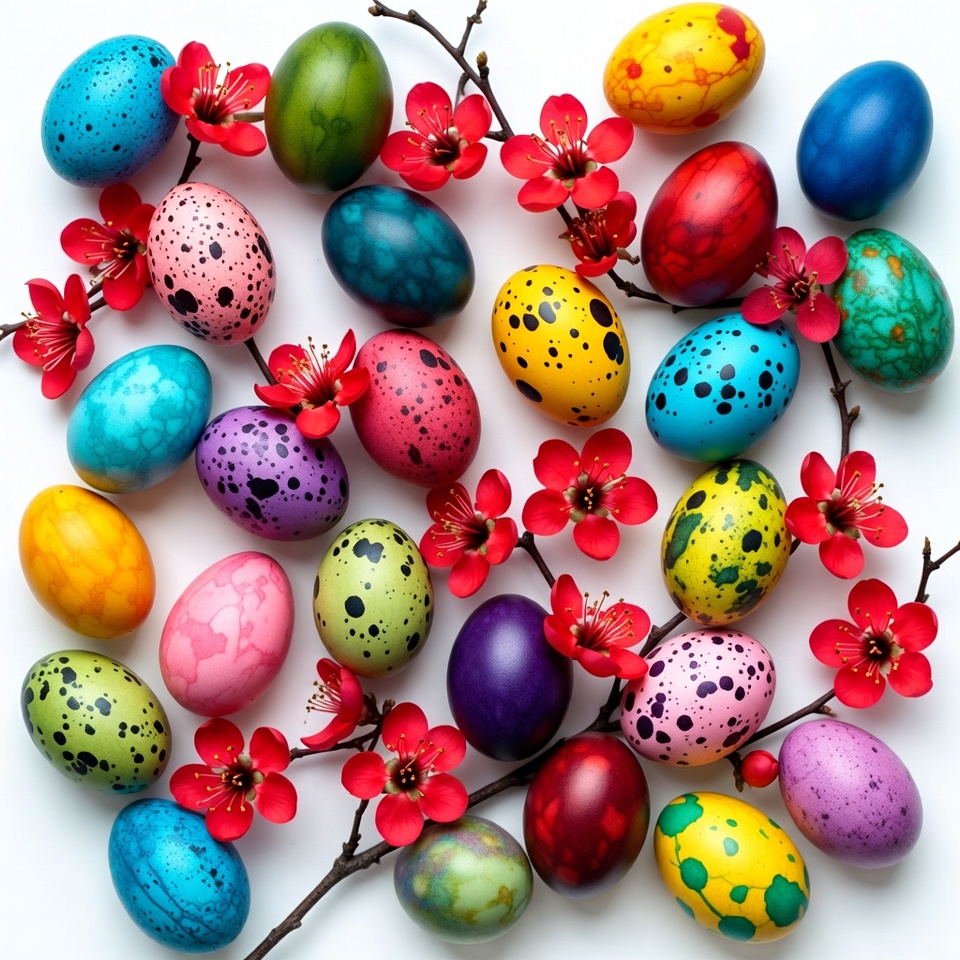 Colorful Easter Eggs with Red Blossoms Colorful Easter Eggs with Red Blossoms