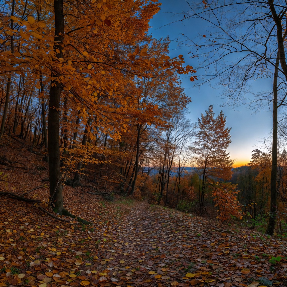 Autumn Forest Path with Orange Trees Autumn Forest Path with Orange Trees