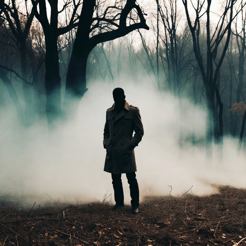 Man in trench coat in foggy forest Man in trench coat in foggy forest