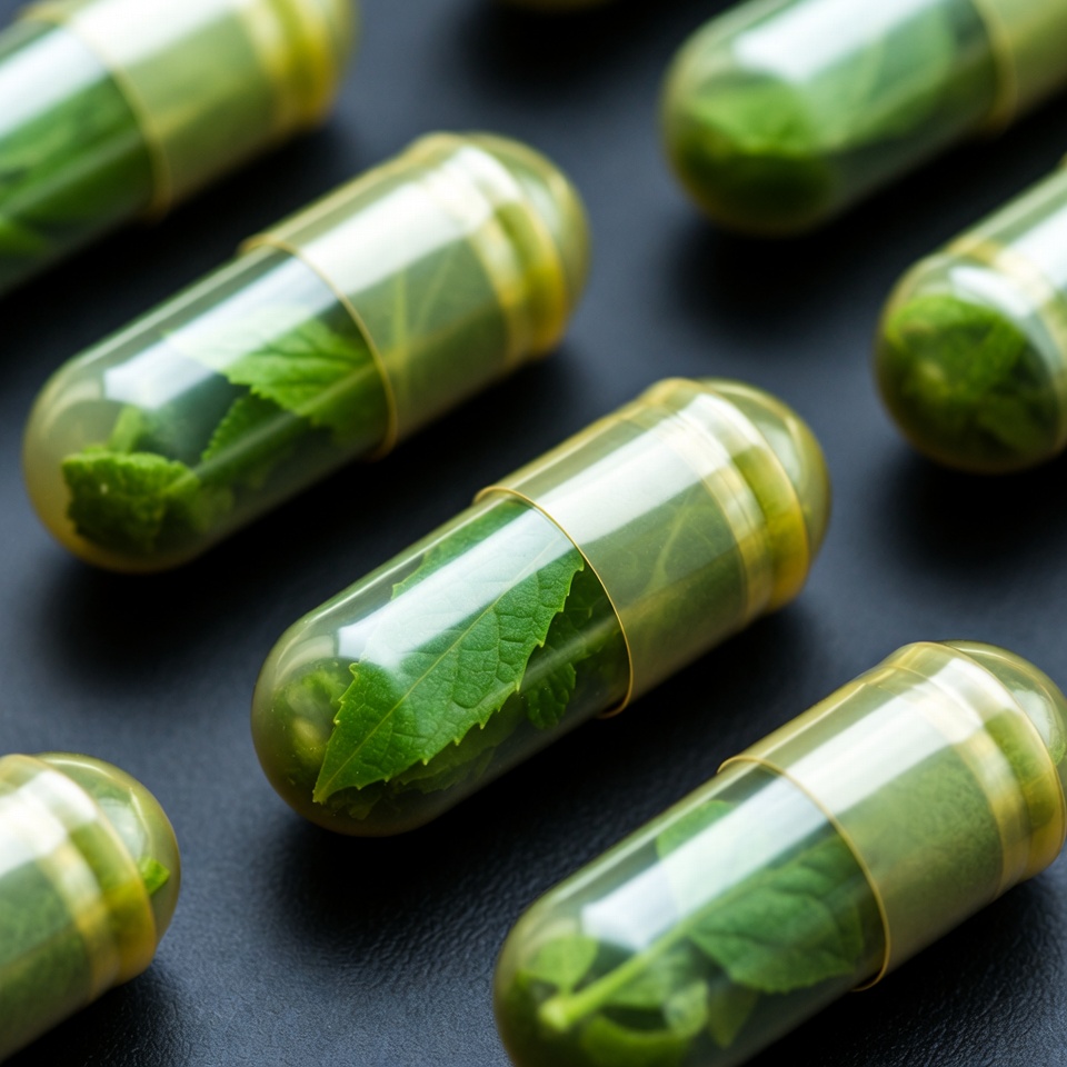 Green Herbs in Clear Capsules Green Herbs in Clear Capsules