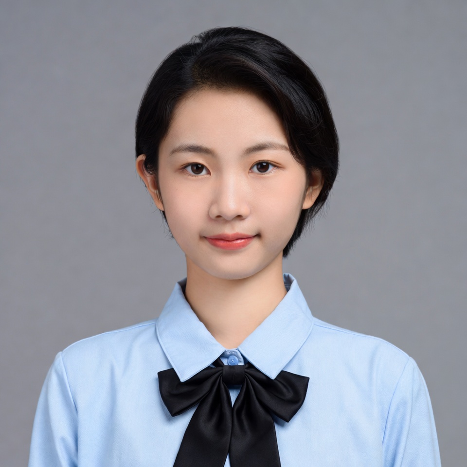 Asian woman in blue shirt with bow tie Asian woman in blue shirt with bow tie