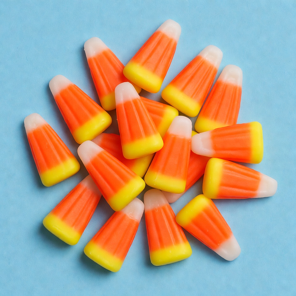 Candy corn arranged on blue background Candy corn arranged on blue background