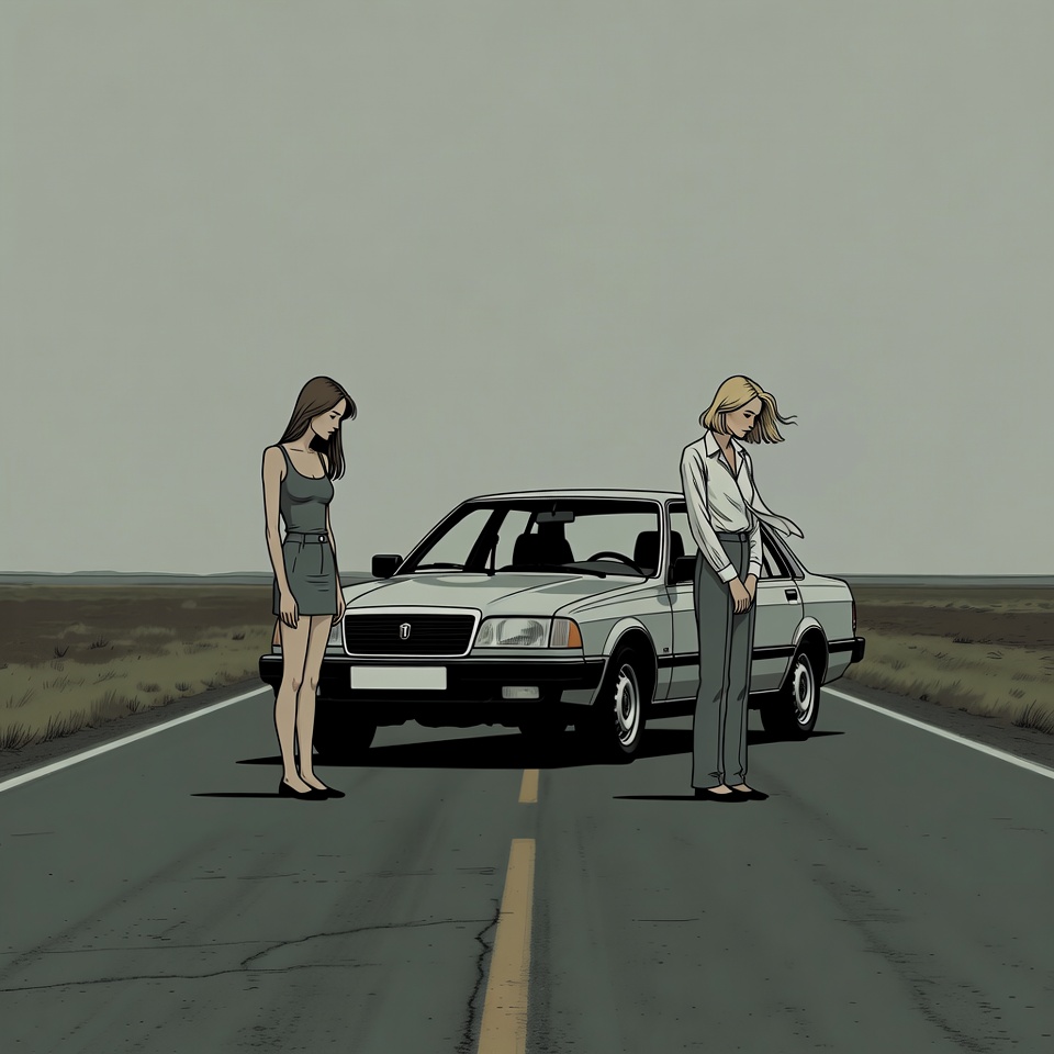 Two women standing by car on road Two women standing by car on road