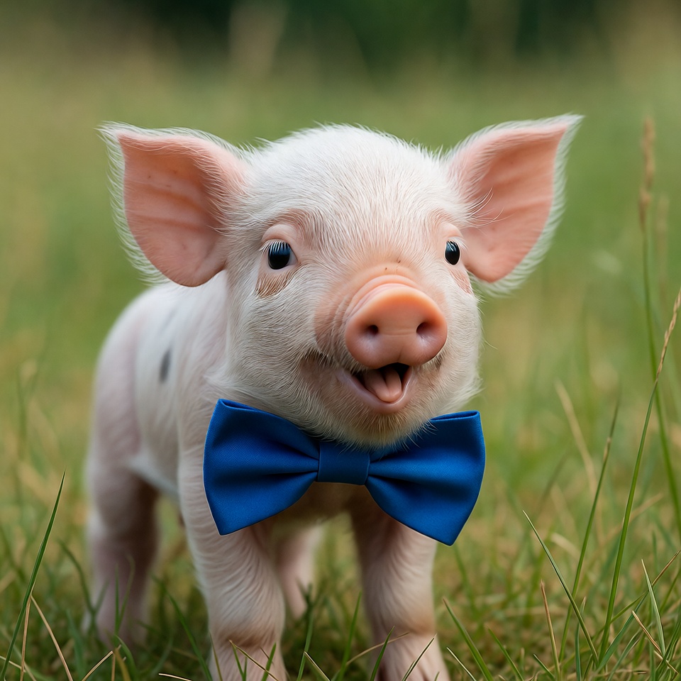 Piglet wearing blue bowtie in grass Piglet wearing blue bowtie in grass