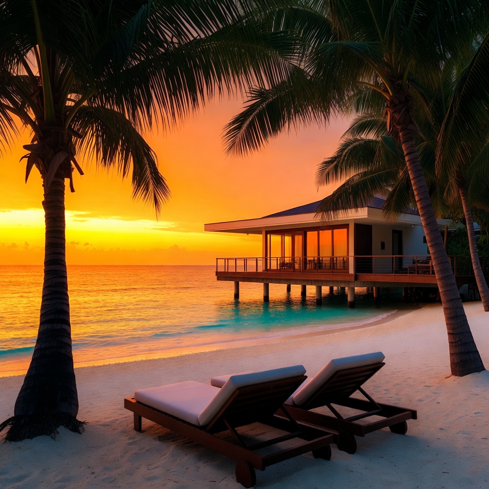 Sunset Beach Lounge Chairs Palm Trees Sunset Beach Lounge Chairs Palm Trees