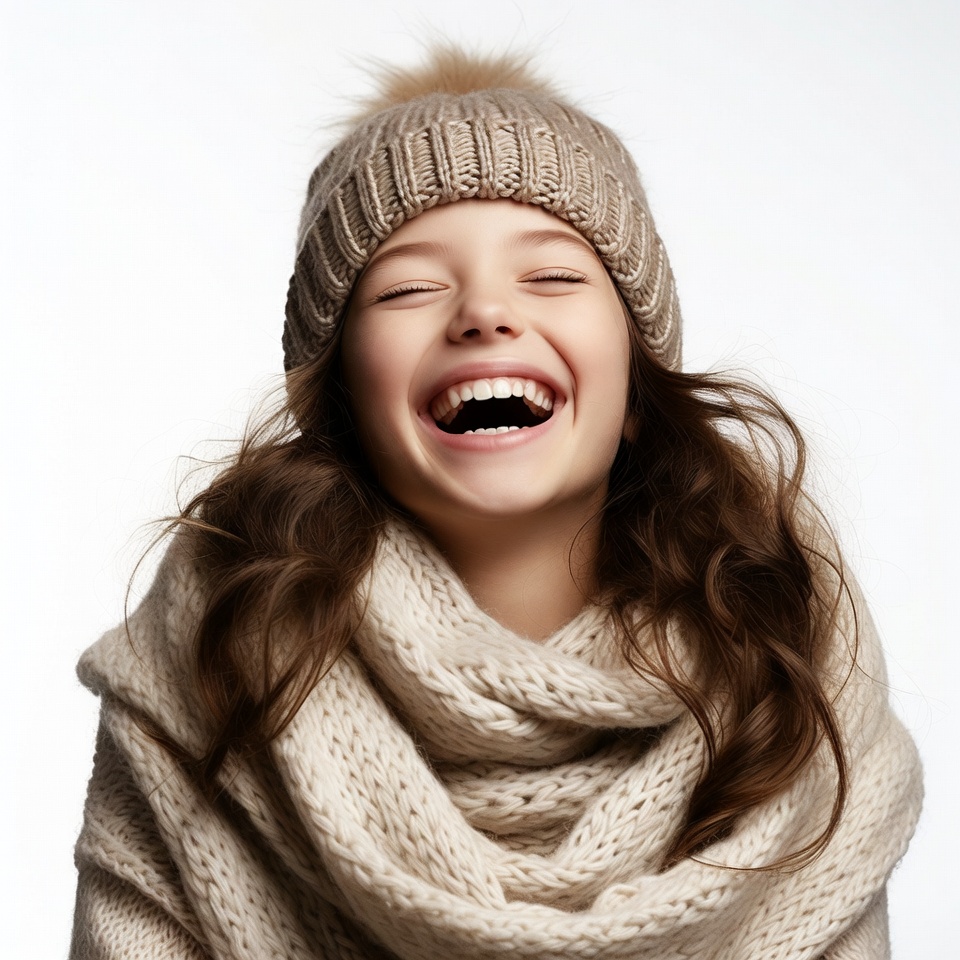 Girl laughing in knit beanie and scarf Girl laughing in knit beanie and scarf