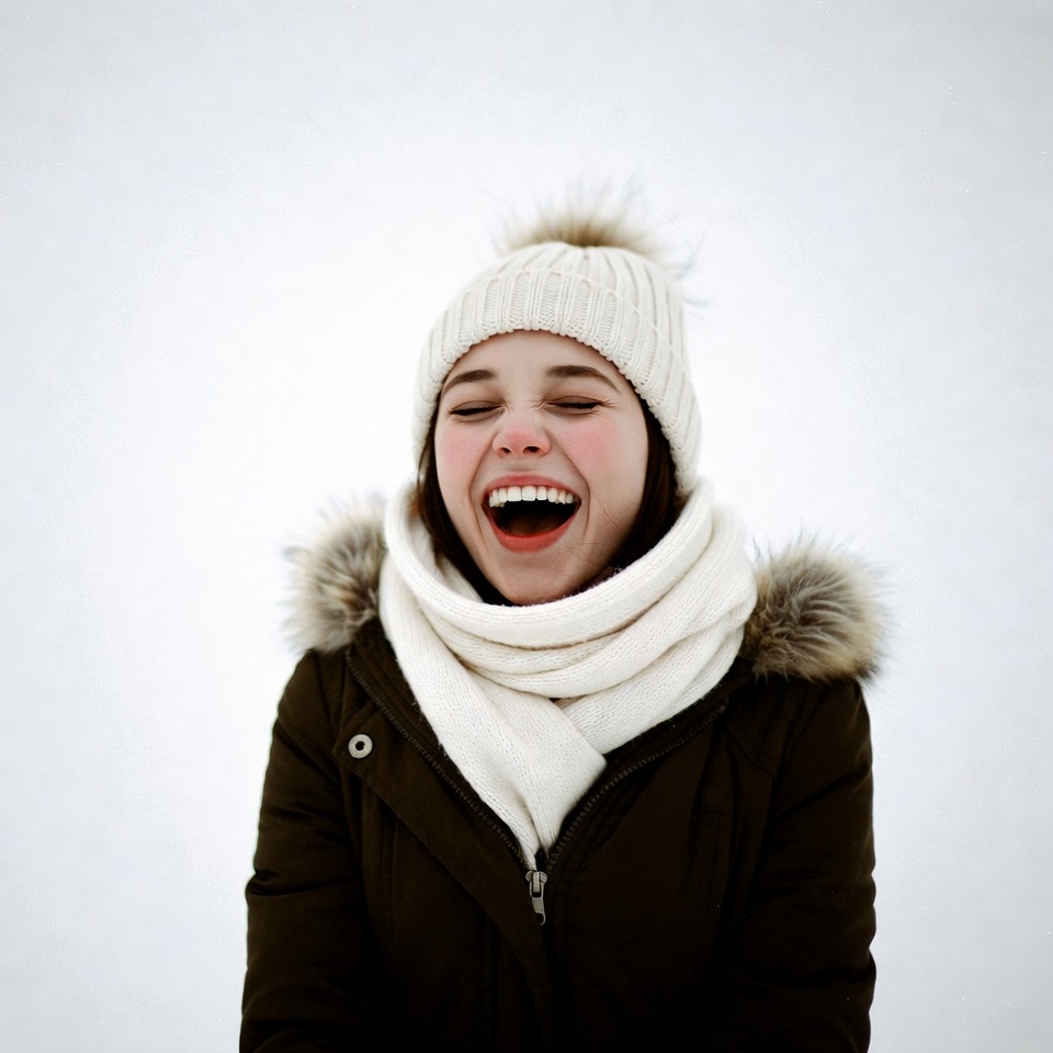 Girl laughing in winter hat and scarf Girl laughing in winter hat and scarf