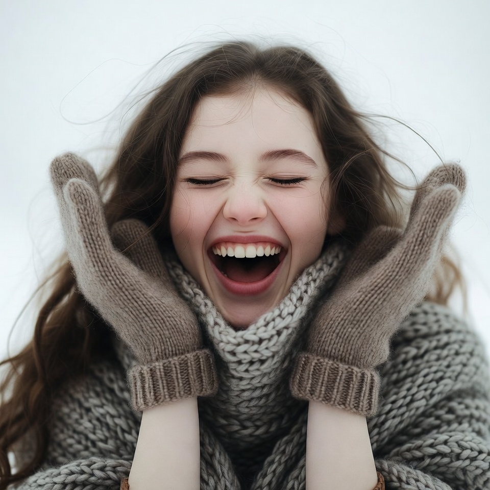 Girl laughing with mittens in snow Girl laughing with mittens in snow