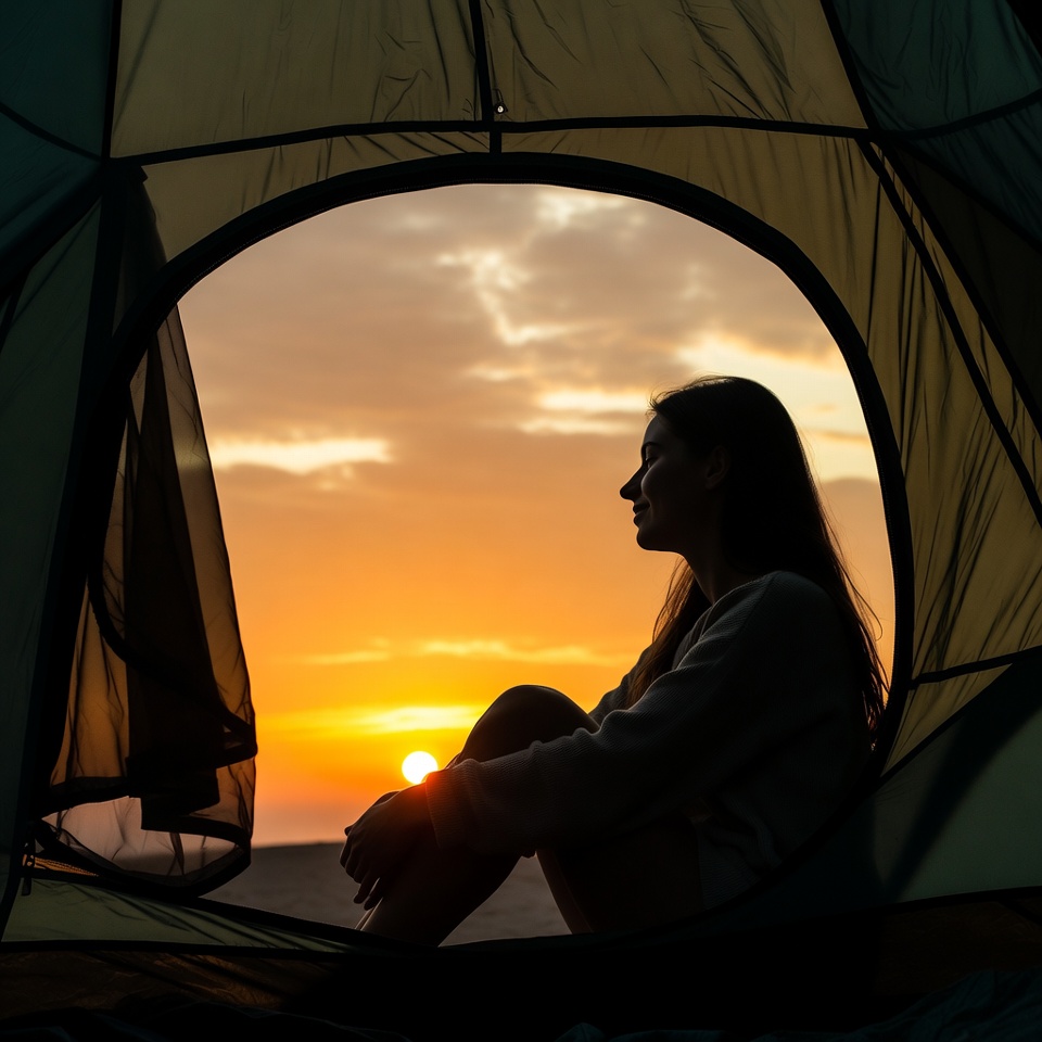 Woman silhouetted in tent at sunset Woman silhouetted in tent at sunset