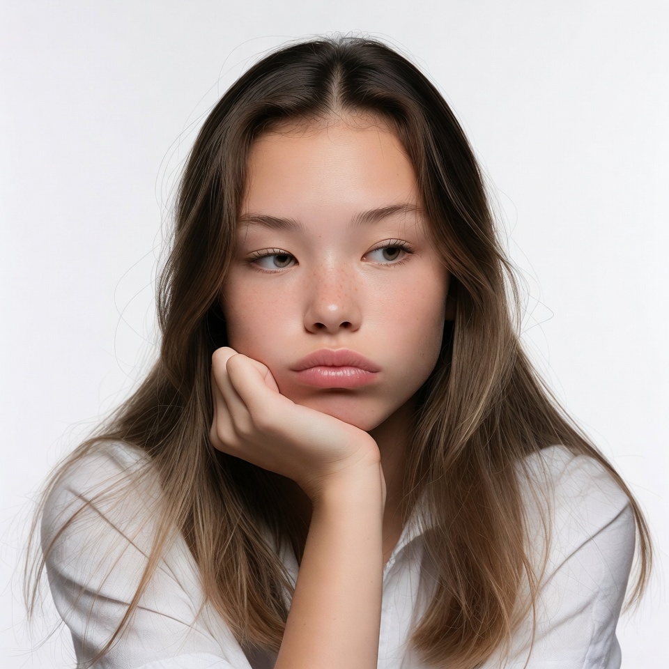 Asian girl pouting with hand on chin Asian girl pouting with hand on chin