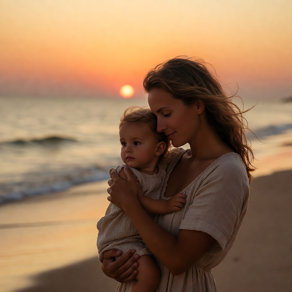 Mother holding baby at sunset beach Mother holding baby at sunset beach