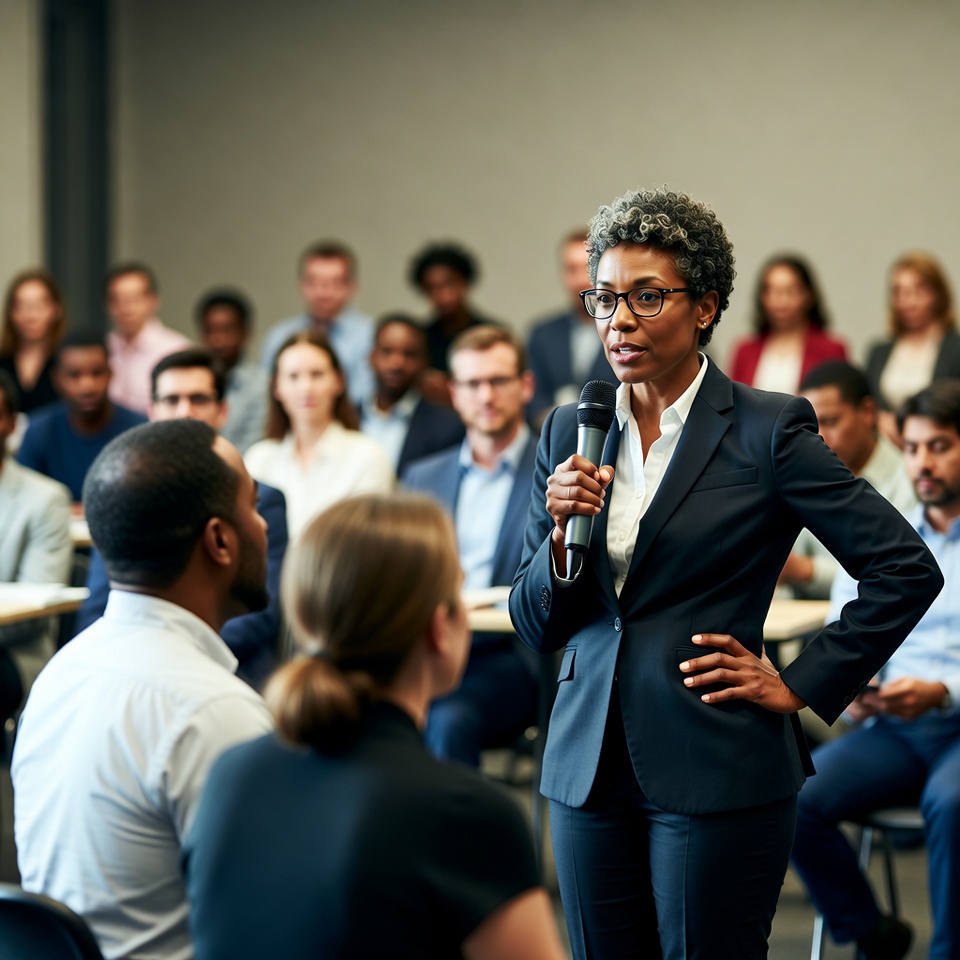 African-American woman speaking at conference African-American woman speaking at conference