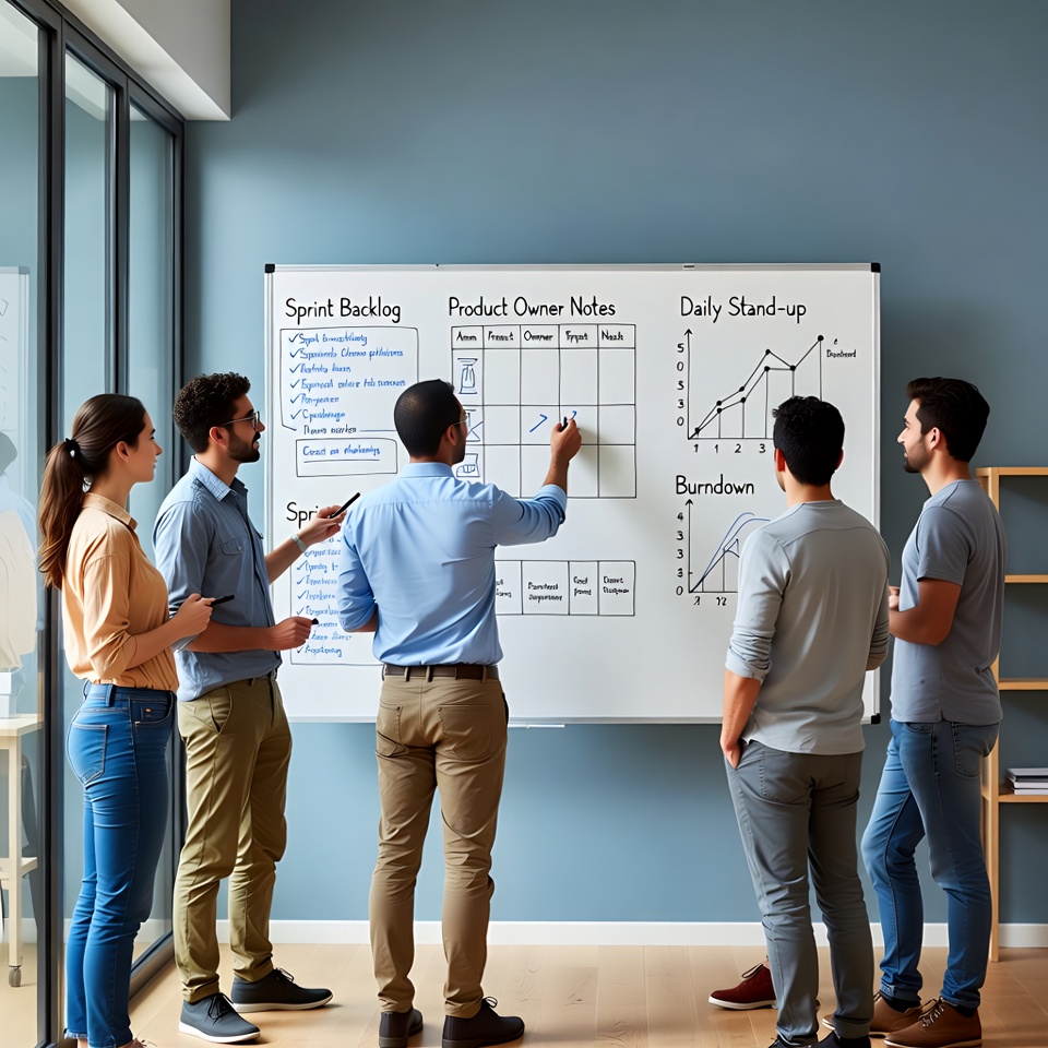 Diverse team discussing agile sprint board Diverse team discussing agile sprint board