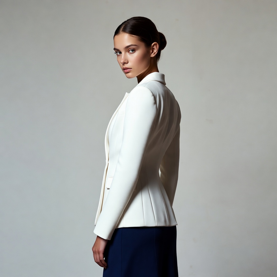 Woman in white blazer looking back Woman in white blazer looking back