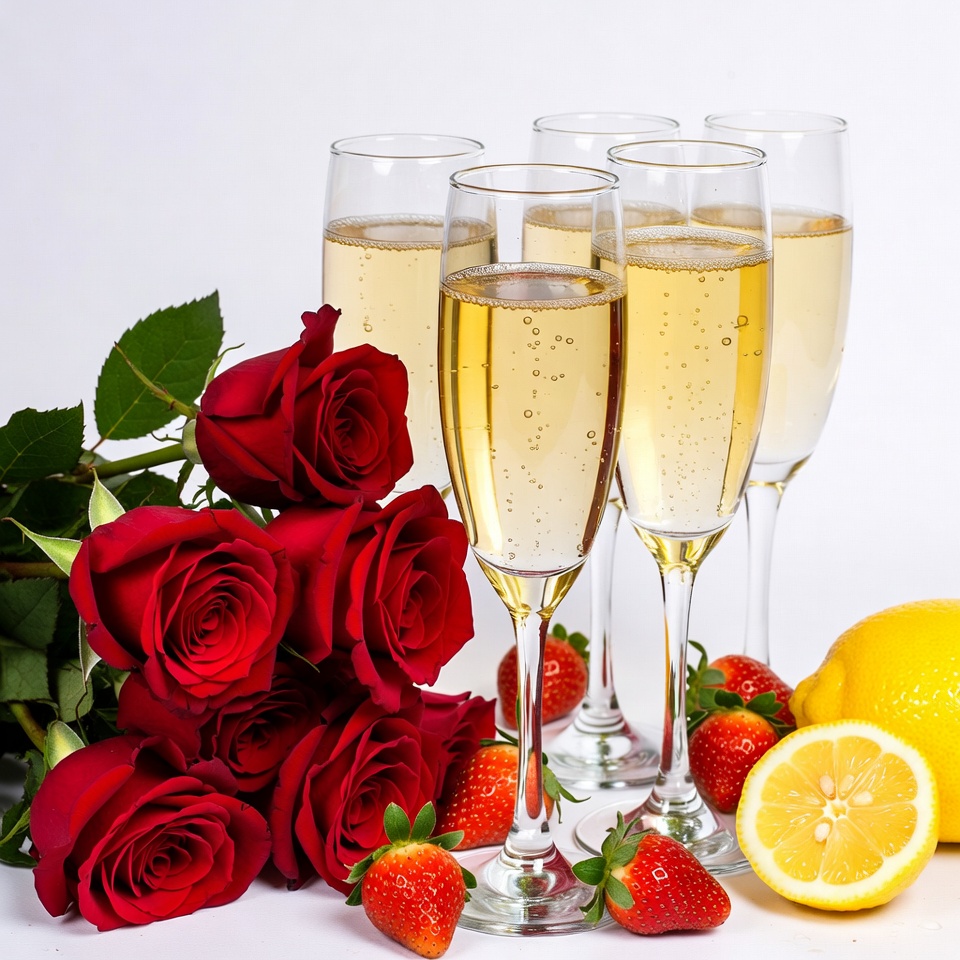 Champagne Glasses with Roses Strawberries Lemons Champagne Glasses with Roses Strawberries Lemons