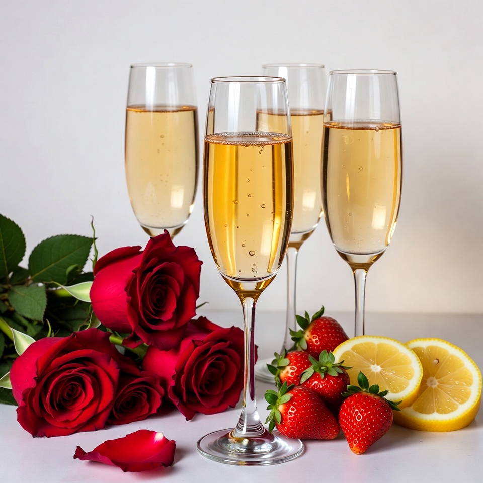 Champagne Glasses with Roses Strawberries Lemons Champagne Glasses with Roses Strawberries Lemons