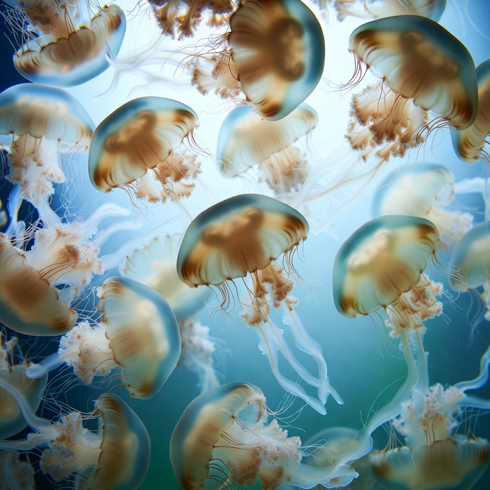 Cluster of Translucent Jellyfish Underwater Cluster of Translucent Jellyfish Underwater